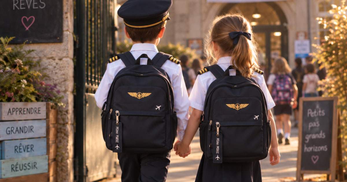 Deux enfants vus de dos, en uniforme de pilote et cartable aux ailes dorées, main dans la main devant l’entrée de leur école un matin de rentrée