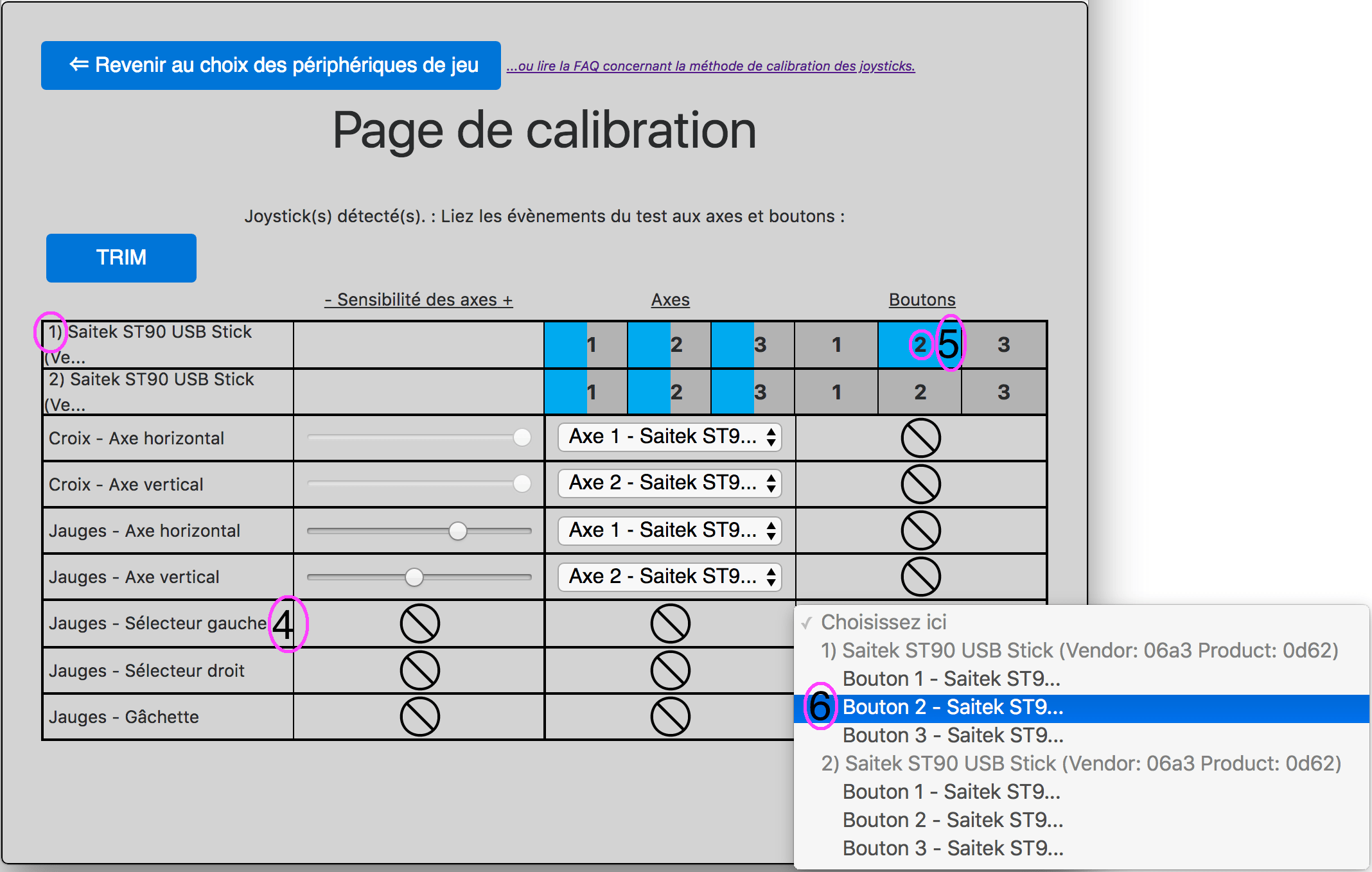 Calibration boutons